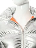 Silver Turtleneck Zipper Open Long Sleeve Crop Padded Coat