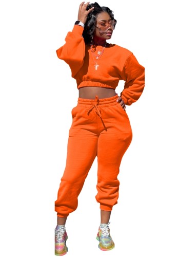 Orange O-Neck Drop Shoulder Crop Top and Sweatpants 2PCS Set