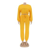 Yellow O-Neck Drop Shoulder Crop Top and Sweatpants 2PCS Set