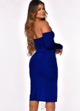 Blue Cut Out Off Shoulder O-Ring Side Slit Midi Dress