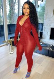 Red Zipped Up Long Sleeve O-Neck Slim Fit Jumpsuit