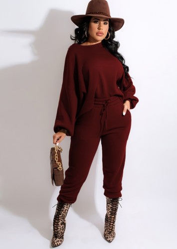 Wine Drop Shoulder Loose Pullover Top and Pants 2PCS Set