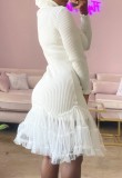 White Knit Fishtail Mesh Patch High Neck Midi Dress