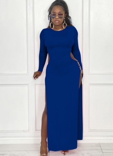 Blue Side Slit Keyhole O-Neck High Cut Maxi Dress