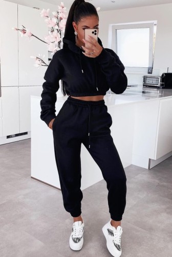 Black Drawstring Hoody Crop Top and Pants 2PCS Set