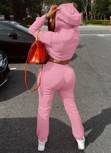 Pink Drawstring Hoody Crop Top and Pants 2PCS Set