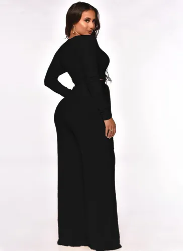 Black Knit Tied O-Neck Crop Top and High Waist Pants 2PCS Set