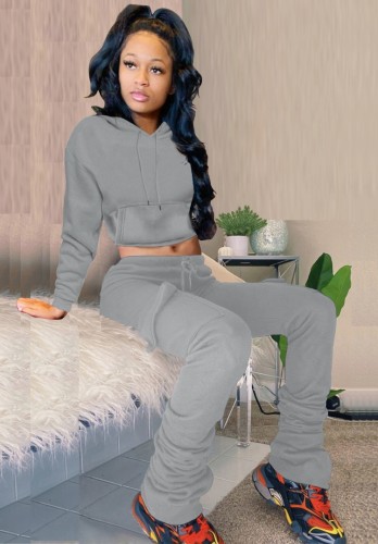 Grey Drawstring Hoody Crop Top and Pants 2PCS Set