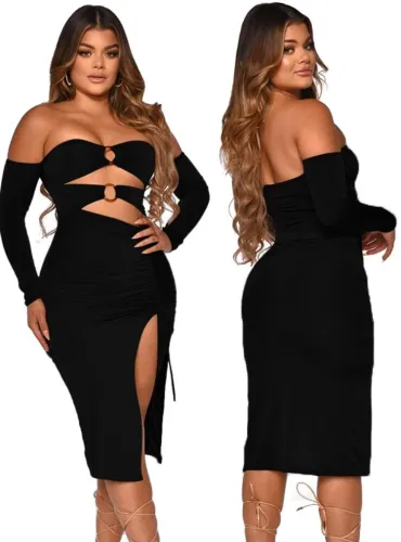Black Cut Out Off Shoulder O-Ring Side Slit Midi Dress