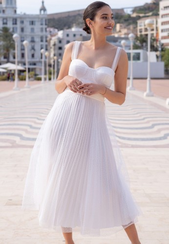White Push Up Wide Cami Long Pleated Wedding Dress