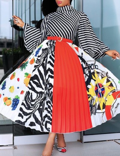 Plus Size Stripes Flare Sleeve Stand Collar Long Pleated Dress with Belt