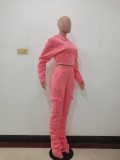 Pink Drawstring Hoody Crop Top and Pants 2PCS Set