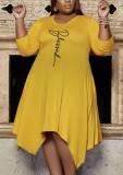Plus Size Letter Print Yellow Irregular Midi Dress