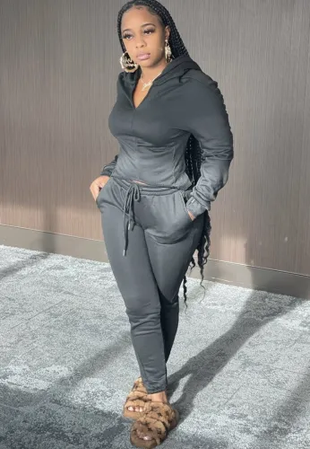 Black Hoody Crop Top and Drawstring Pants Two Piece Set