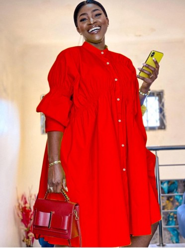 Red Oversizes Midi Neck Pleated Irregular Dress