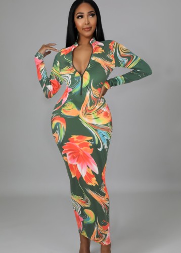 Green Floral Print Long Sleeve Long Sheath Dress