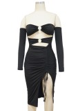 Black Cut Out Off Shoulder O-Ring Side Slit Midi Dress