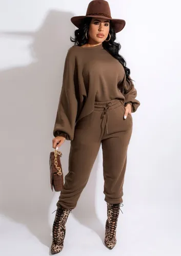 Brown Drop Shoulder Loose Pullover Top and Pants 2PCS Set