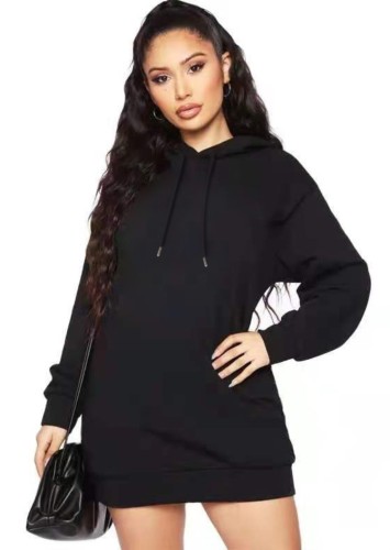 Black Drawstring Hoody Long Sleeve Mini Sweatshirt Dress