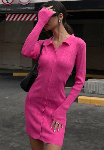 Rose Knit Button Up Long Sleeve Slim Fit Mini Dress