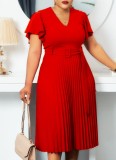 Red V-Neck Short Sleeve Pleated Office Dress with Belt
