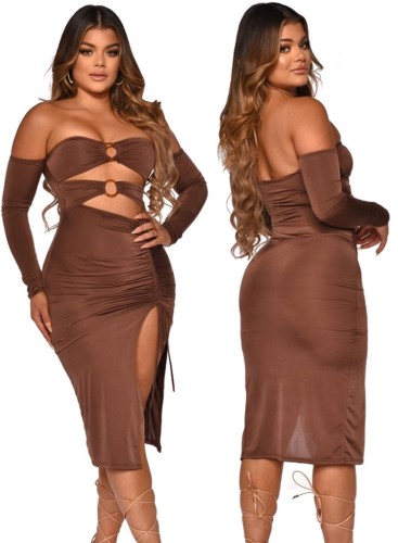 Brown Cut Out Off Shoulder O-Ring Side Slit Midi Dress