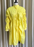Yellow Oversizes Midi Neck Pleated Irregular Dress