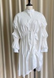 White Oversizes Midi Neck Pleated Irregular Dress