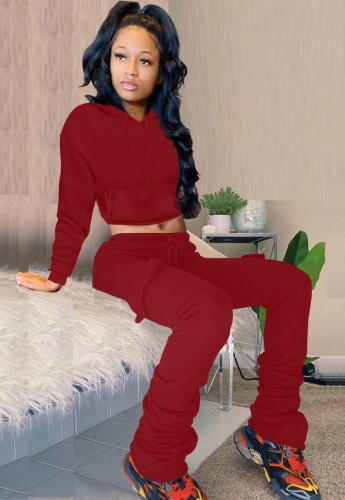 Red Drawstring Hoody Crop Top and Pants 2PCS Set