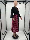 Black Geommetric Print Long Sleeve Long Cardigans with Belt