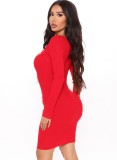 Red Keyhole O-Neck Long Sleeve Mini Dress