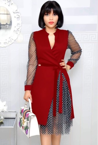 Plus Size Mesh Patch Polka Dot White 3/4 Sleeve Midi Dress