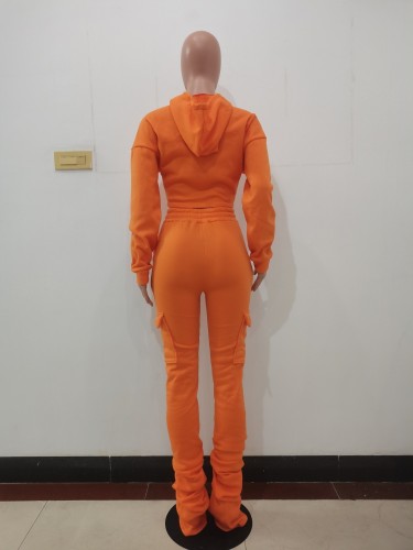 Orange Drawstring Hoody Crop Top and Pants 2PCS Set
