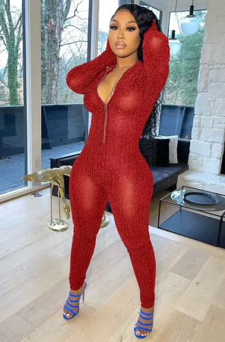 Red Zipped Up Long Sleeve O-Neck Slim Fit Jumpsuit