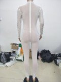 White Beaded Long Sleeve Round Neck Slinky Jumpsuit