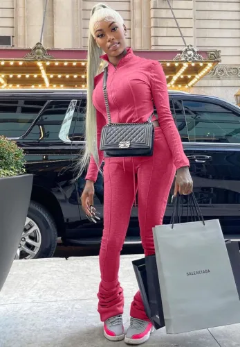 Rose Zipped Up Turtleneck Crop Top and Pants Two Piece Set