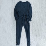 Dk-Blue Drop Shoulder Loose Pullover Top and Pants 2PCS Set