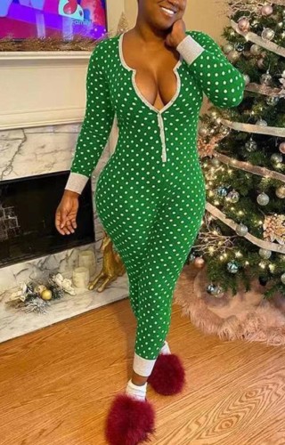 Plus Size Christmas Pajama Polka Print Green Button Sheath Jumpsuit