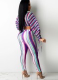 Print Multicolor Stripes Wide Sleeve Crop Top and Pants 2PCS Set