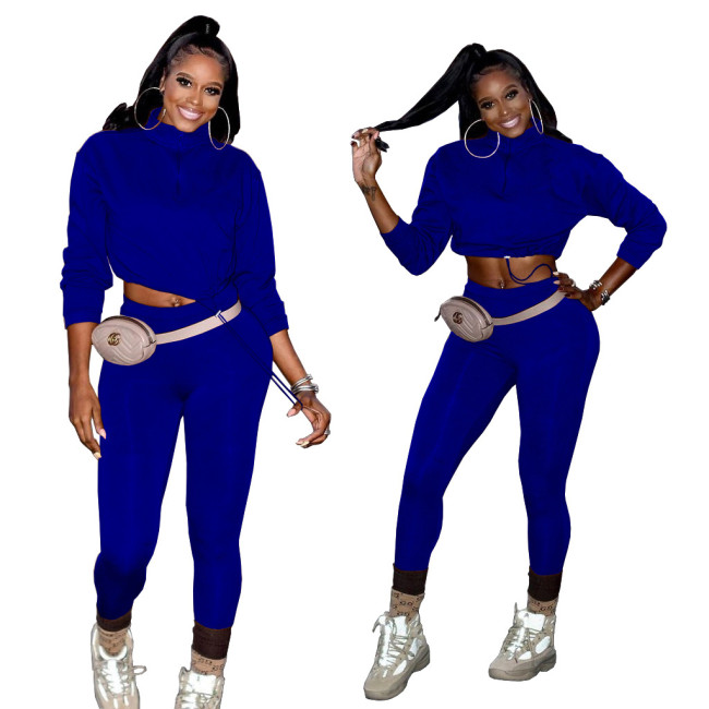 Blue High Neck Zippered Crop Top and Tight Pants Set