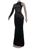 Black Sequins One Shoulder High Neck Tight Long Evening Dress