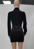 Black Velour Tie Deep-V Turndown Collar Mini Dress