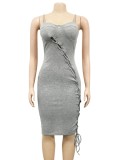 Grey Lace Up Cami Long Sleeve Midi Fitted Dress