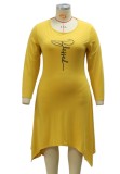 Plus Size Letter Print Yellow Irregular Midi Dress