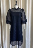 Plus Size Black Hollow Out Ruffled Half Sleeve Midi Dress and Cami Dress 2PCS Sets