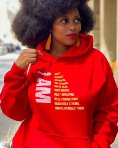 Plus Size Red Print Pullover Hoody Top with Kangaroo Pocket