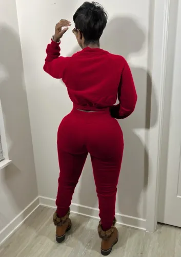 Red Zip Up Crop Top and Drawstring Pants 2 PCS Tracksuit