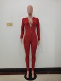 Red Zipped Up Long Sleeve O-Neck Slim Fit Jumpsuit