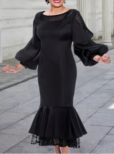 Black Silk Puff Long Sleeve O-Neck Mermaid Long Dress