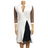 Plus Size Mesh Patch Polka Dot White 3/4 Sleeve Midi Dress
